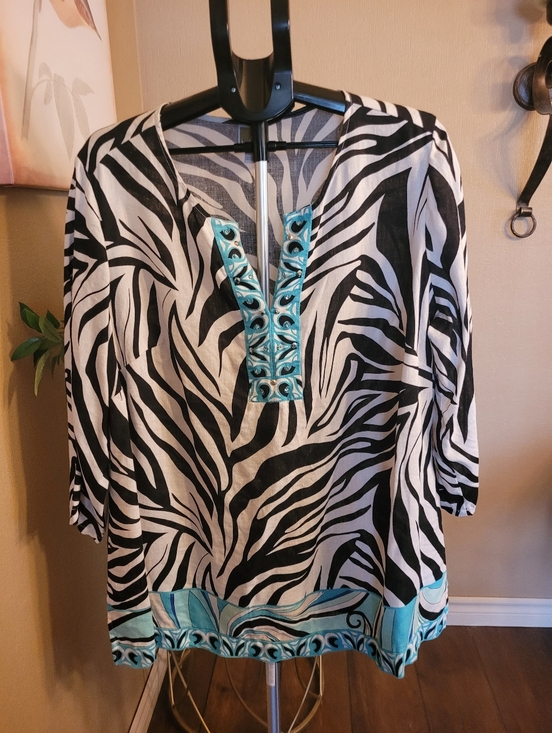 JM Collection Tops - JM Collection Zebra Print Linen Tunic with Turquoise Accents